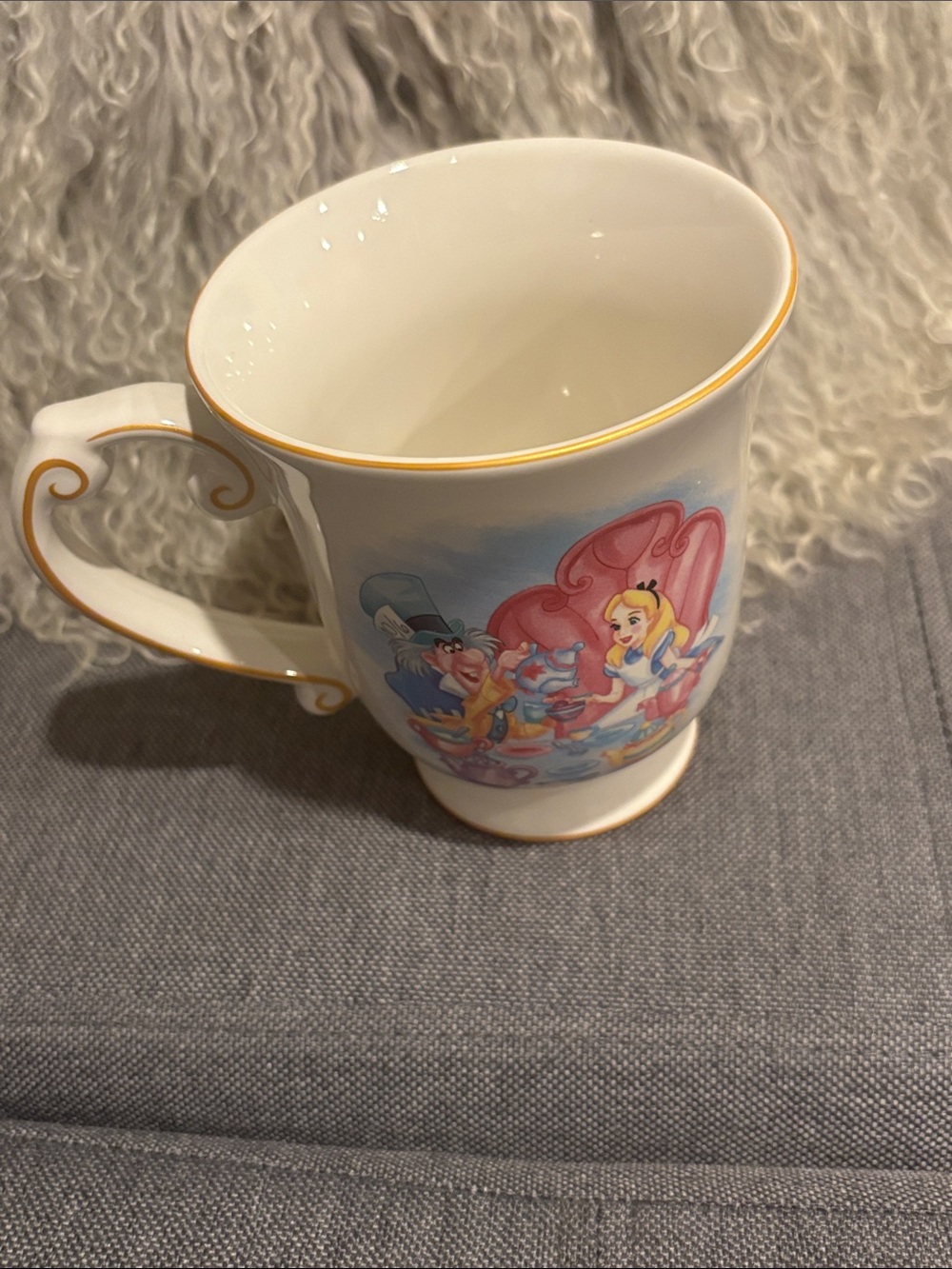 Disney Alice in Wonderland White Mug with Pink and Blue Artwork and Gold Trim